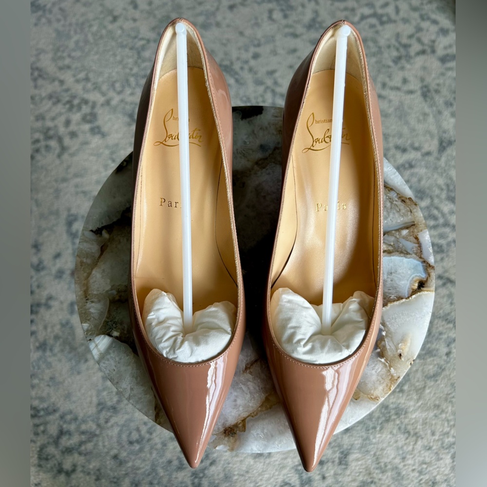 Christian Louboutin Kate 55 Tan Patent Leather Heels Pointed Toe EU 37